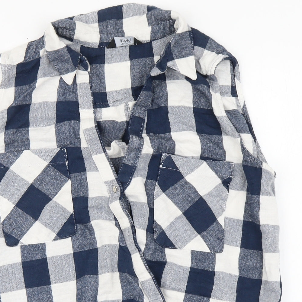 F&F Womens Blue Plaid Cotton Basic Blouse Size 14 V-Neck