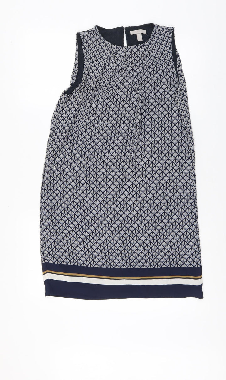 H&M Womens Blue Geometric Polyester A-Line Size 6 Round Neck Button