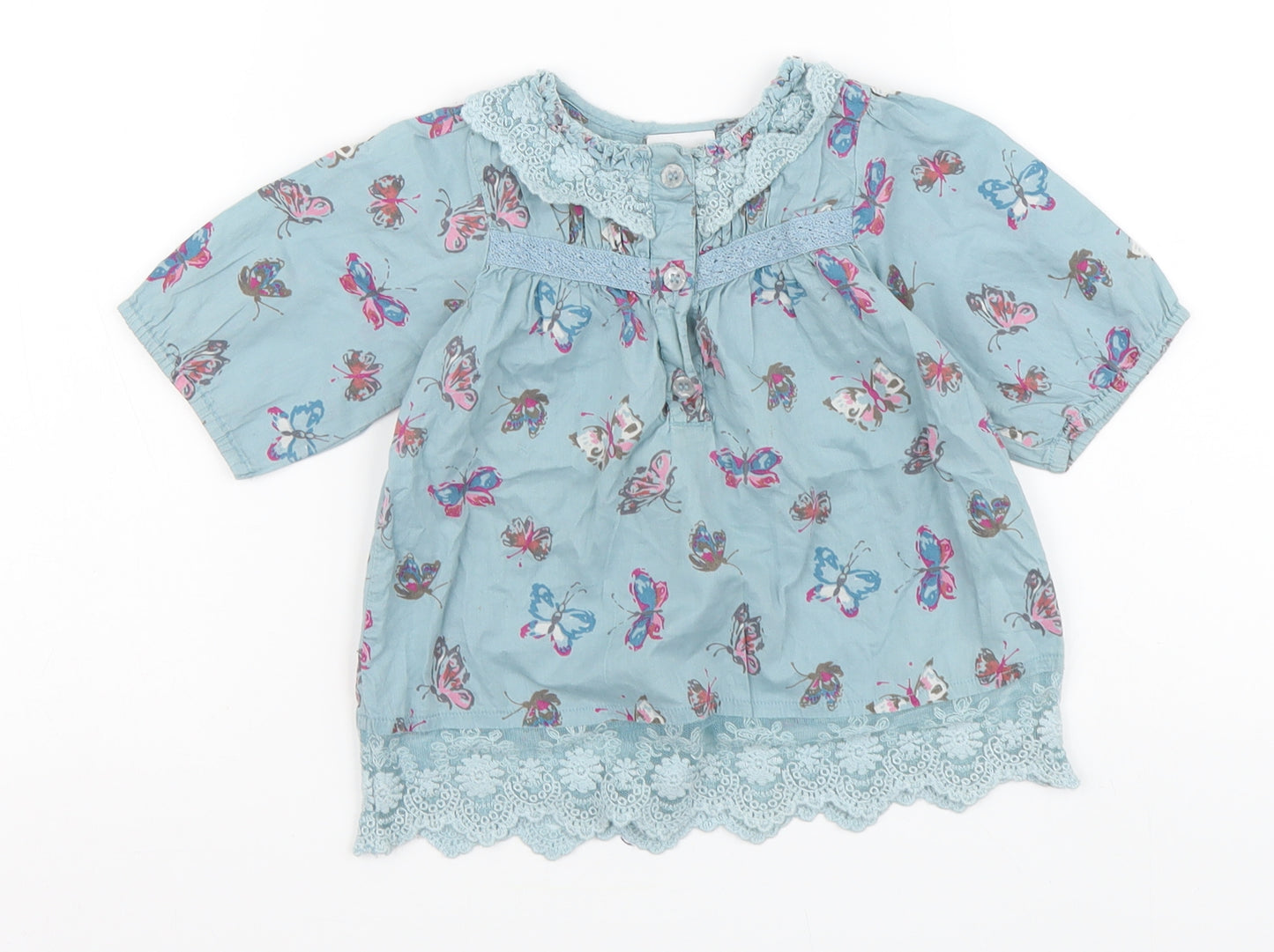 NEXT Girls Blue Geometric Cotton Basic Button-Up Size 9-12 Months Round Neck Button - Butterfly Print
