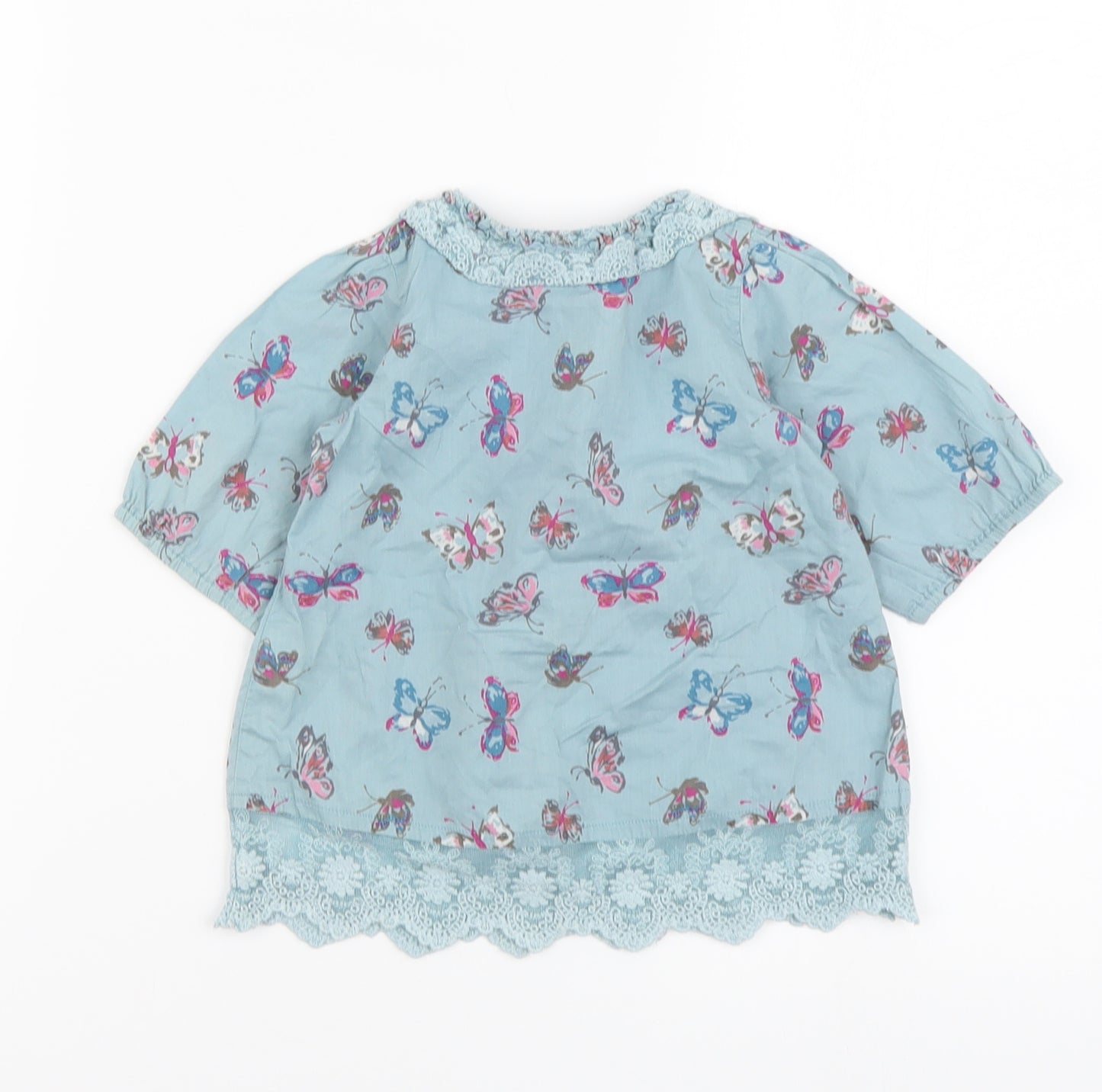 NEXT Girls Blue Geometric Cotton Basic Button-Up Size 9-12 Months Round Neck Button - Butterfly Print