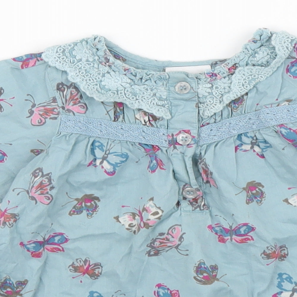NEXT Girls Blue Geometric Cotton Basic Button-Up Size 9-12 Months Round Neck Button - Butterfly Print