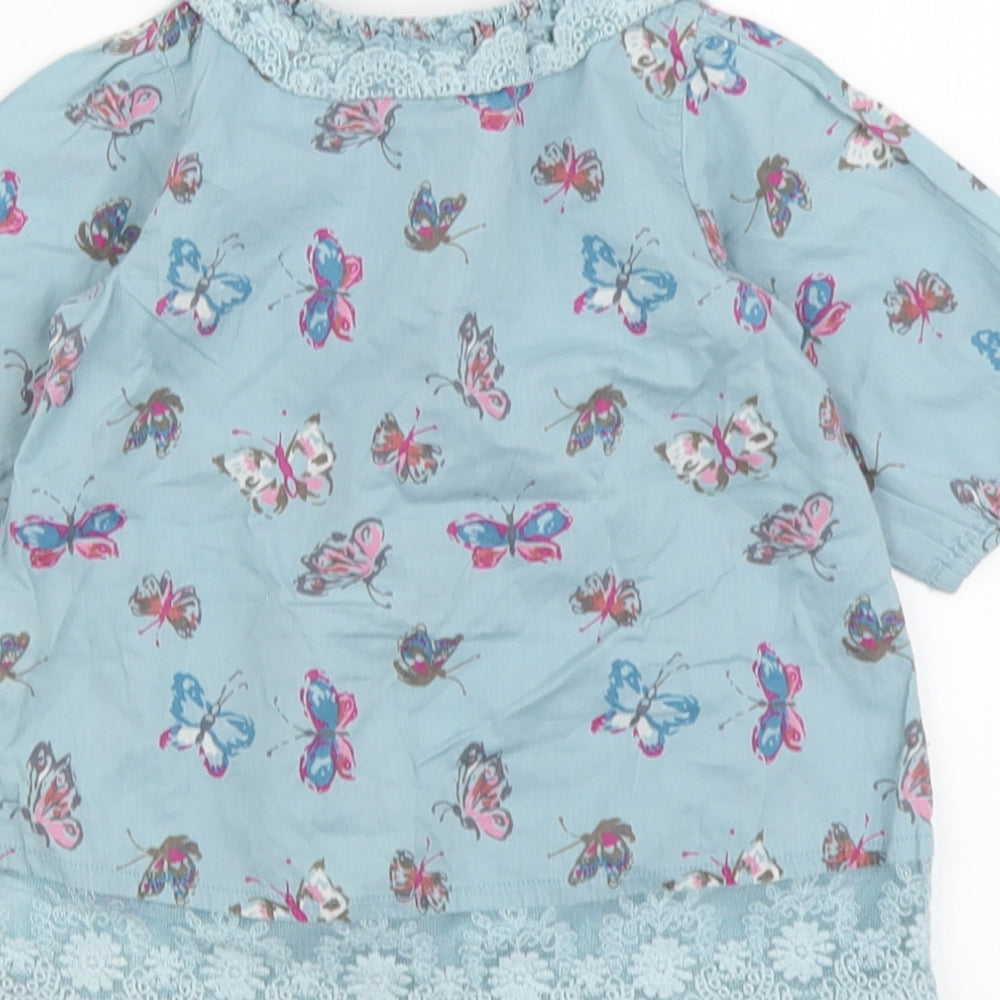 NEXT Girls Blue Geometric Cotton Basic Button-Up Size 9-12 Months Round Neck Button - Butterfly Print