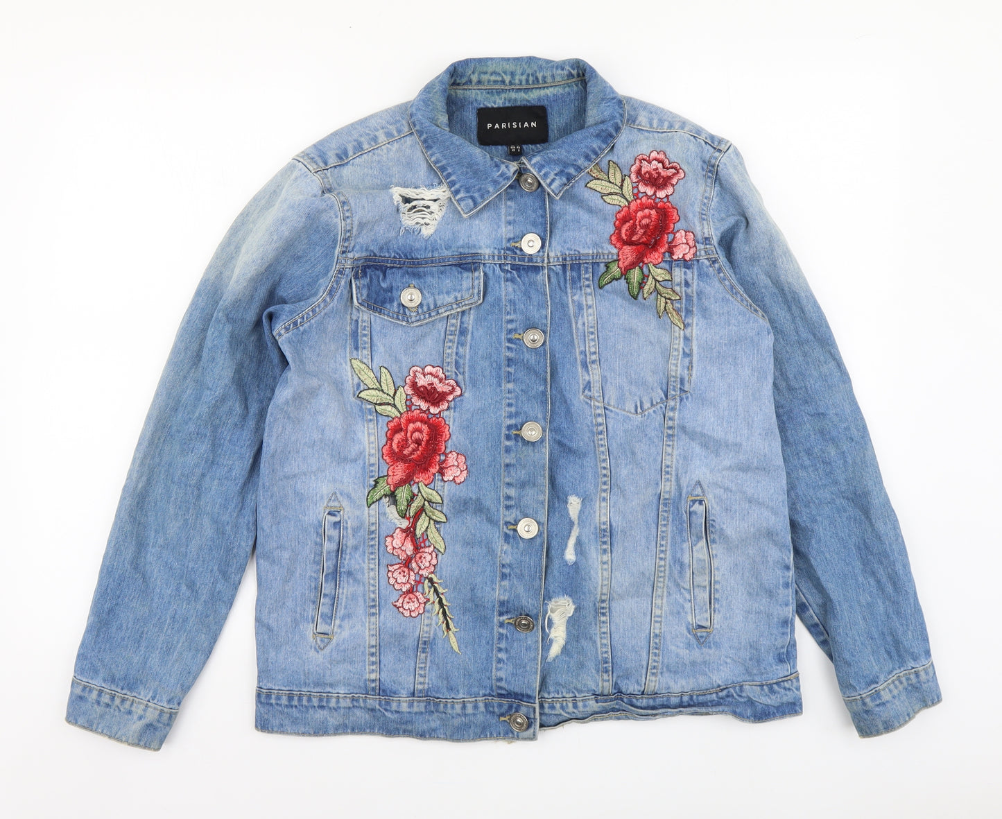 Parisian Womens Blue Floral Jacket Size 12 Button - Distressed