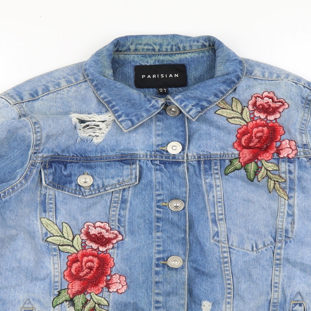 Parisian Womens Blue Floral Jacket Size 12 Button - Distressed