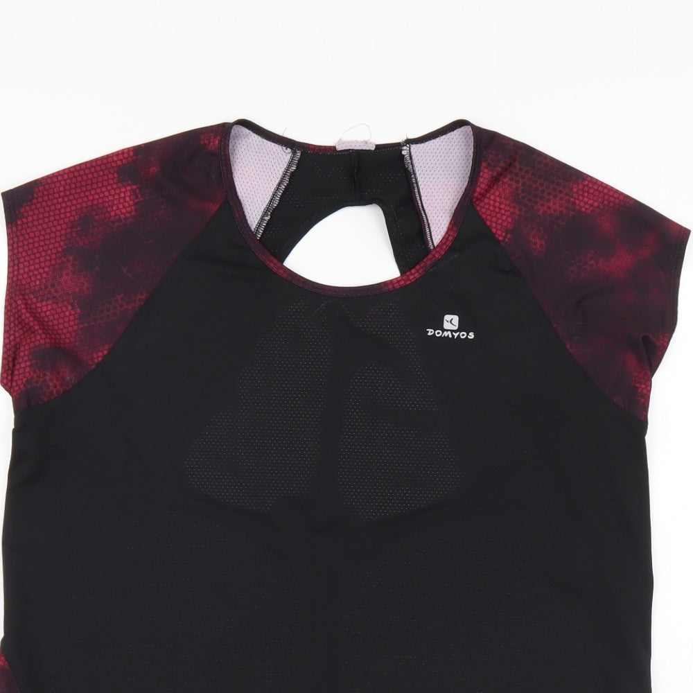 DOMYOS Womens Black Geometric Polyester Basic T-Shirt Size L Round Neck Pullover