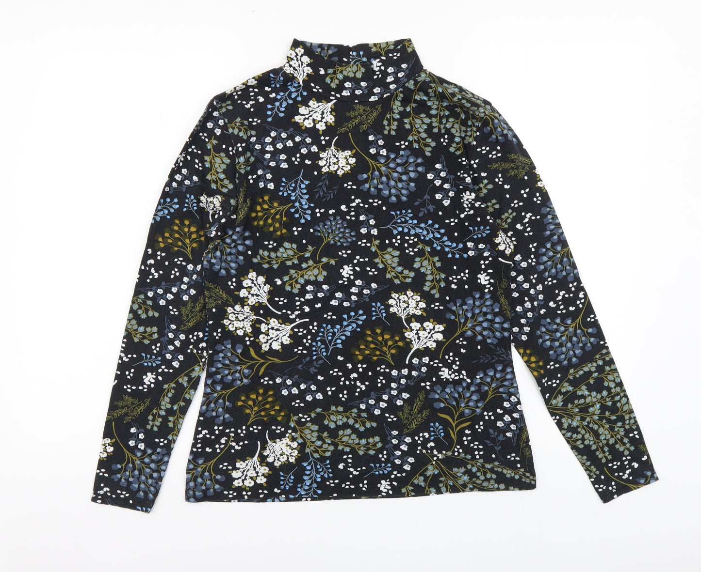Marks and Spencer Womens Black Floral Cotton Basic Blouse Size 12 High Neck