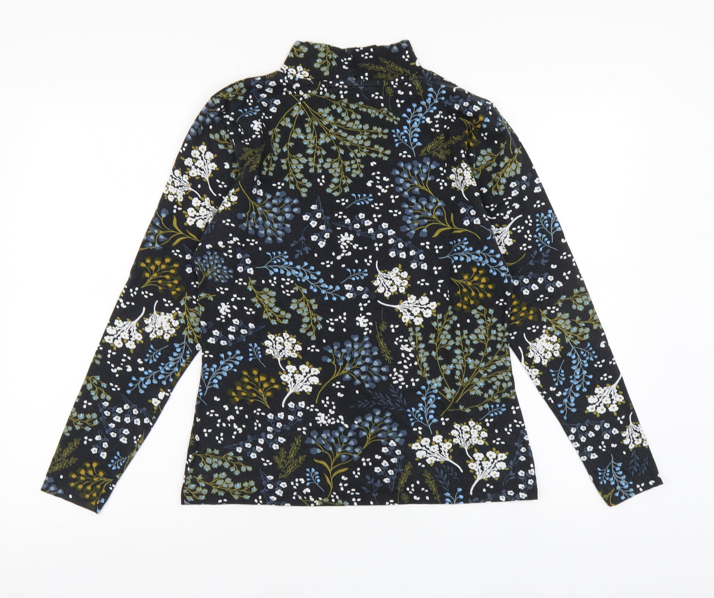 Marks and Spencer Womens Black Floral Cotton Basic Blouse Size 12 High Neck