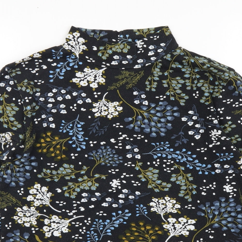 Marks and Spencer Womens Black Floral Cotton Basic Blouse Size 12 High Neck