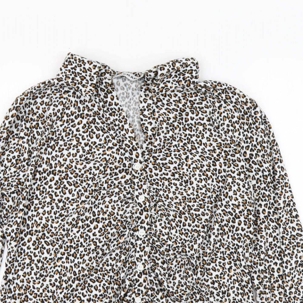 Gerard Womens Brown Animal Print Polyester Basic Button-Up Size M V-Neck
