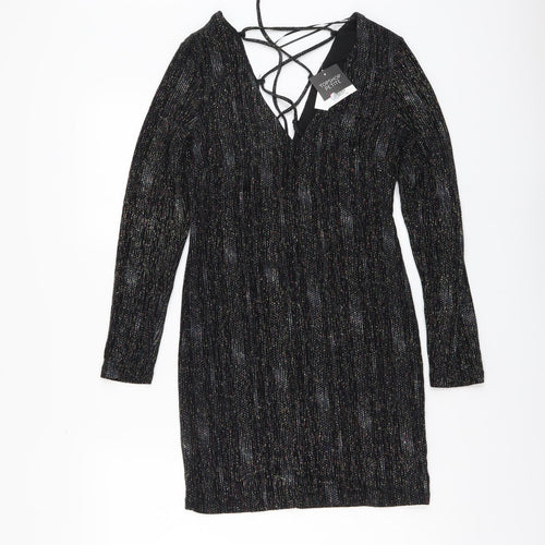 Topshop Womens Black Polyester Bodycon Size 10 V-Neck Pullover