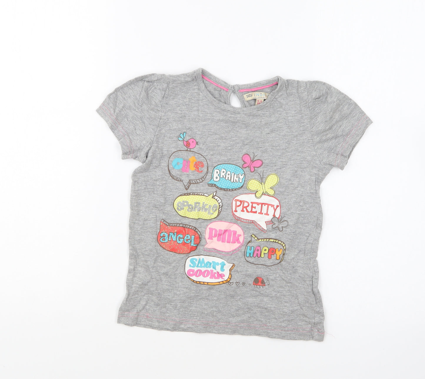 Marks and Spencer Girls Grey Cotton Basic T-Shirt Size 5-6 Years Round Neck Pullover - Slogan