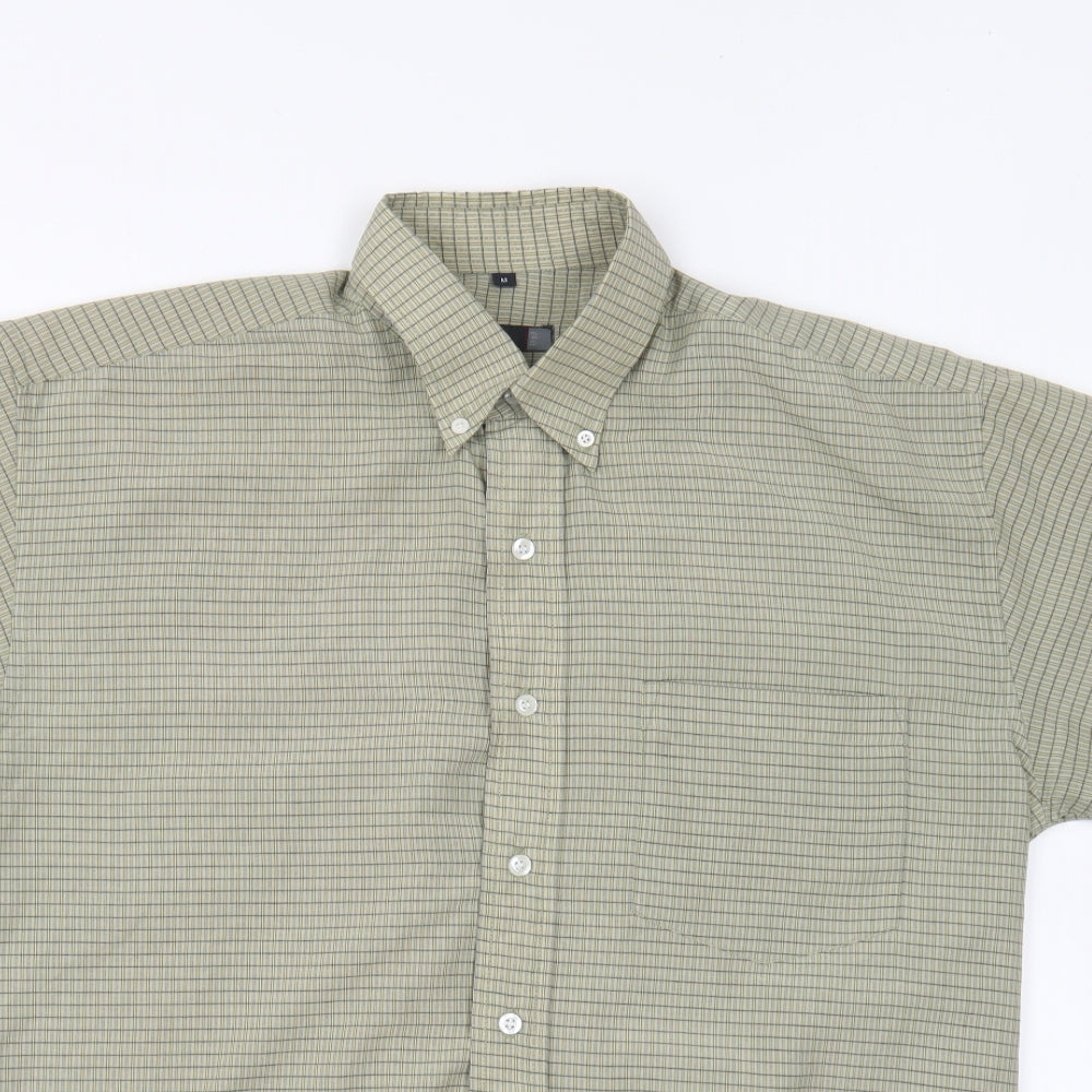 BrueBeck Mens Green Striped Polyester Button-Up Size M Collared Button