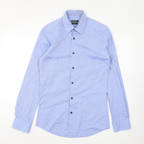 Remus Uomo Mens Blue Geometric Polyester Button-Up Size 14.5 Collared Button
