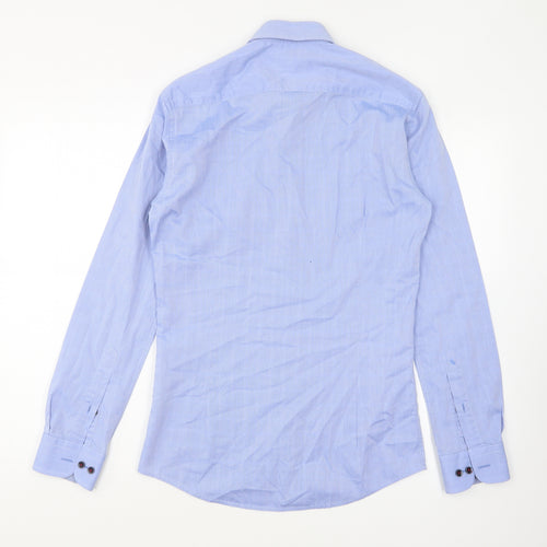 Remus Uomo Mens Blue Geometric Polyester Button-Up Size 14.5 Collared Button