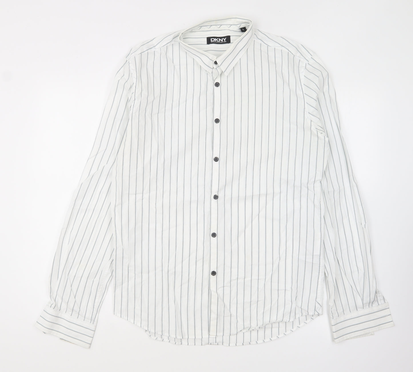 DKNY Mens White Striped Cotton Button-Up Size L Collared Button