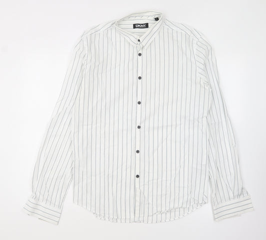 DKNY Mens White Striped Cotton Button-Up Size L Collared Button