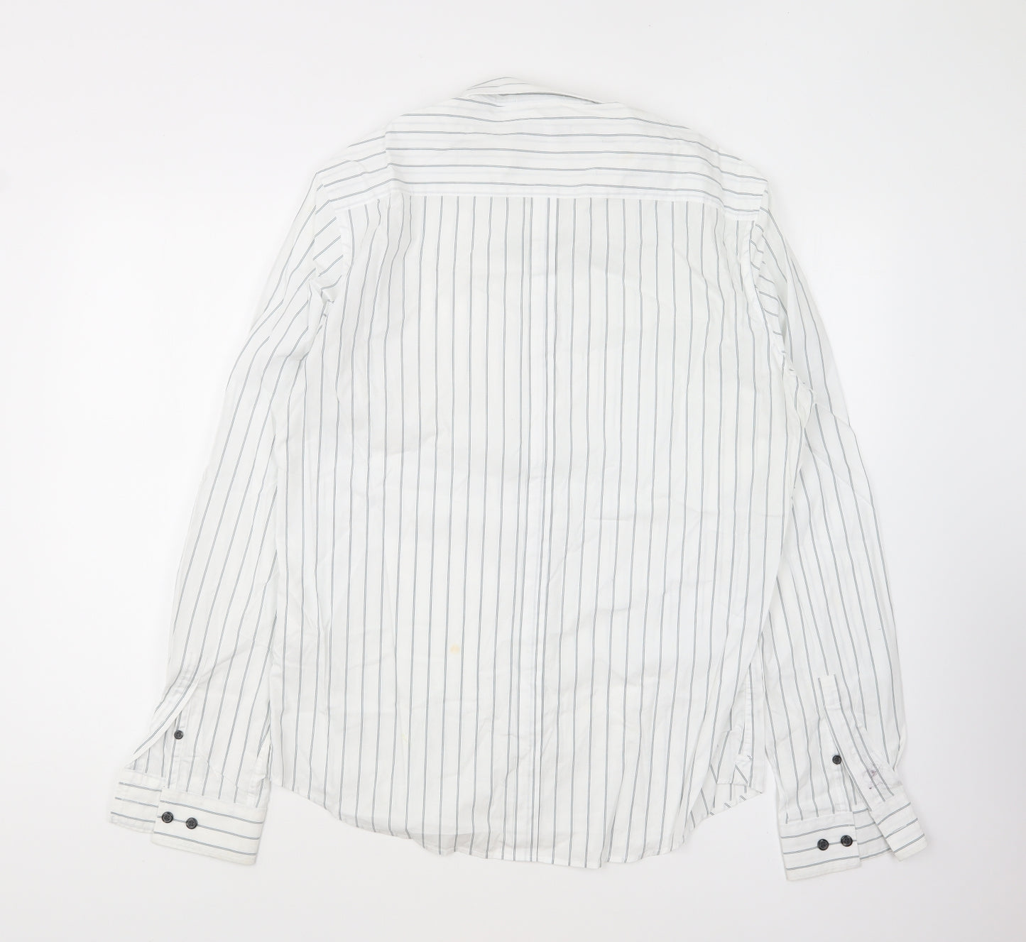 DKNY Mens White Striped Cotton Button-Up Size L Collared Button