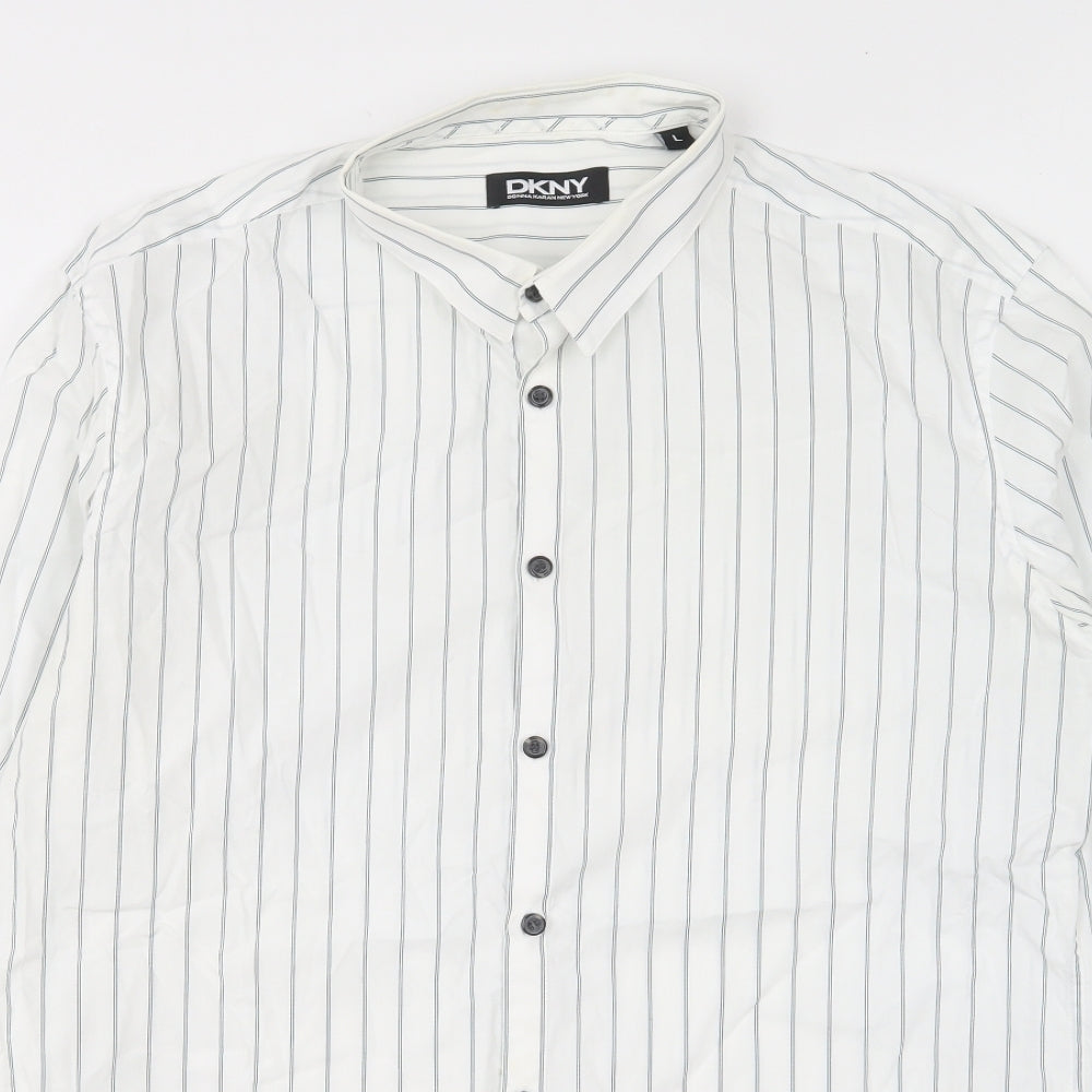 DKNY Mens White Striped Cotton Button-Up Size L Collared Button