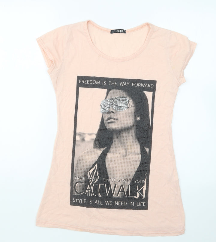 Quiz Womens Pink Cotton Basic T-Shirt Size 12 Round Neck - Freedom Is The Way Forward