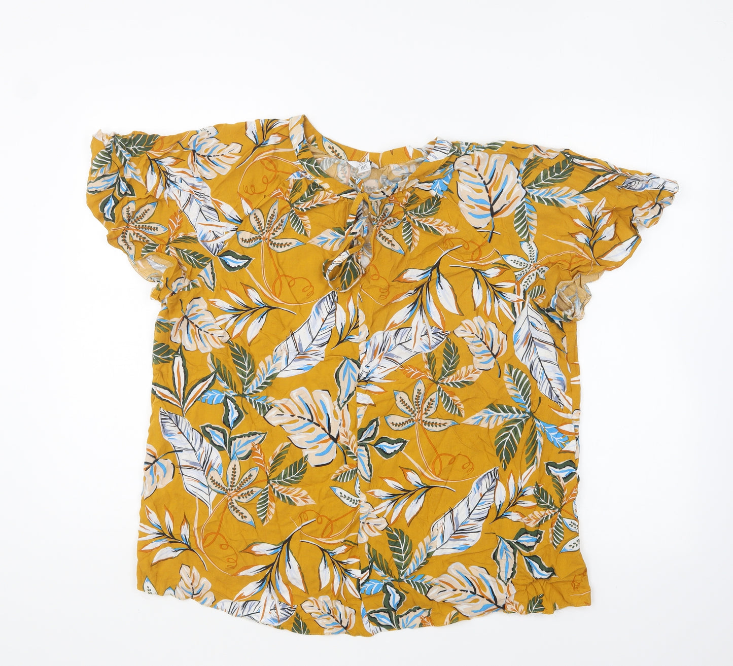 M&Co Womens Yellow Floral Viscose Basic Blouse Size 20 Round Neck