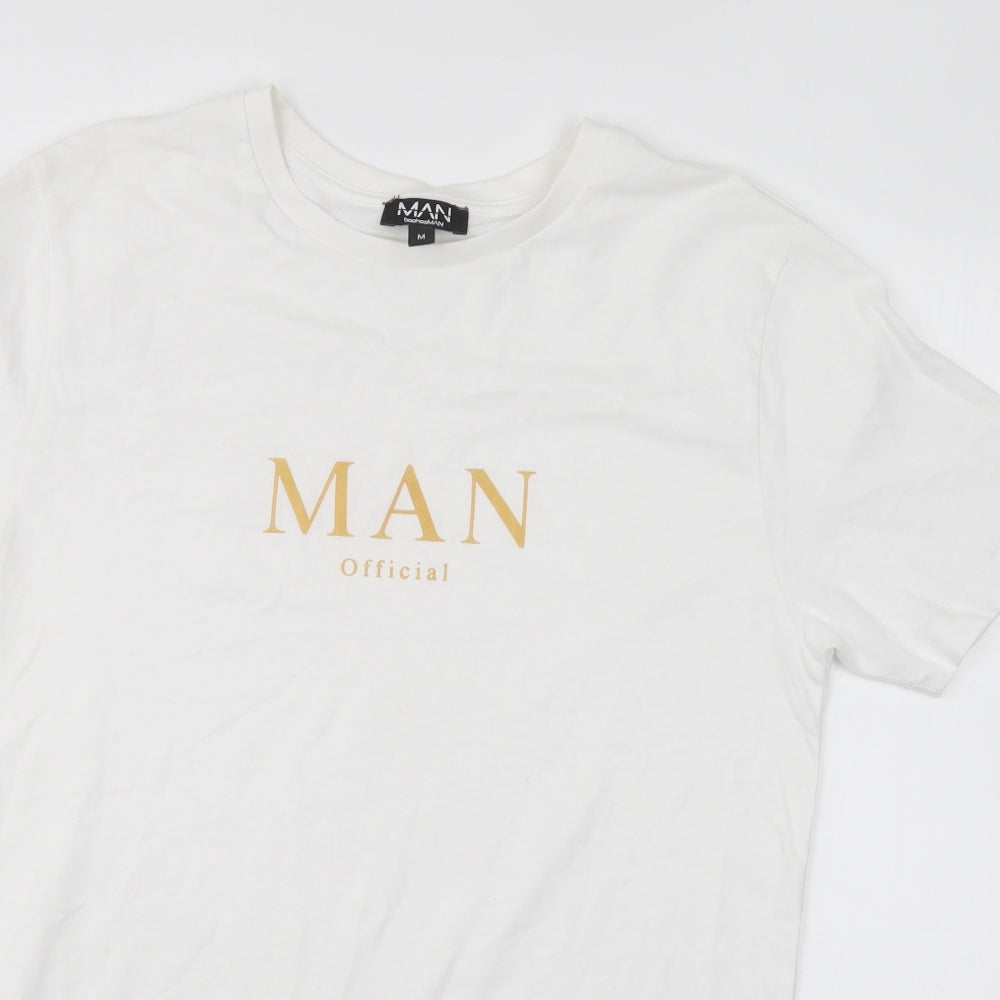 Boohoo Mens White Cotton T-Shirt Size M Round Neck