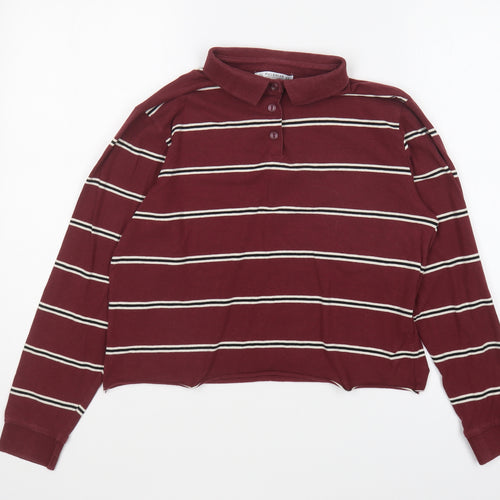 Pull&Bear Girls Purple Striped Cotton Basic Polo Size XS Collared Button