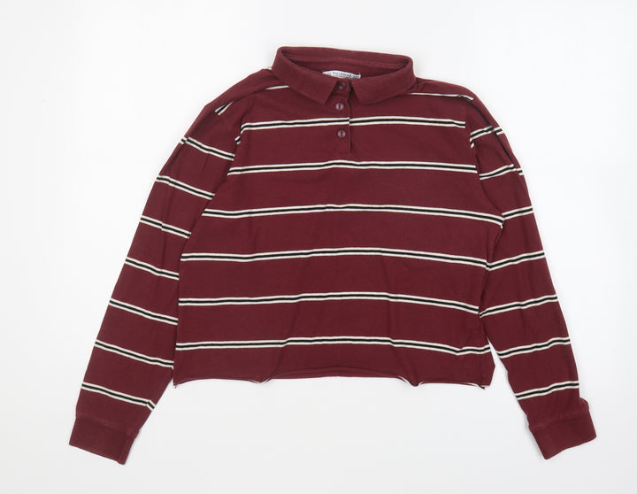 Pull&Bear Girls Purple Striped Cotton Basic Polo Size XS Collared Button