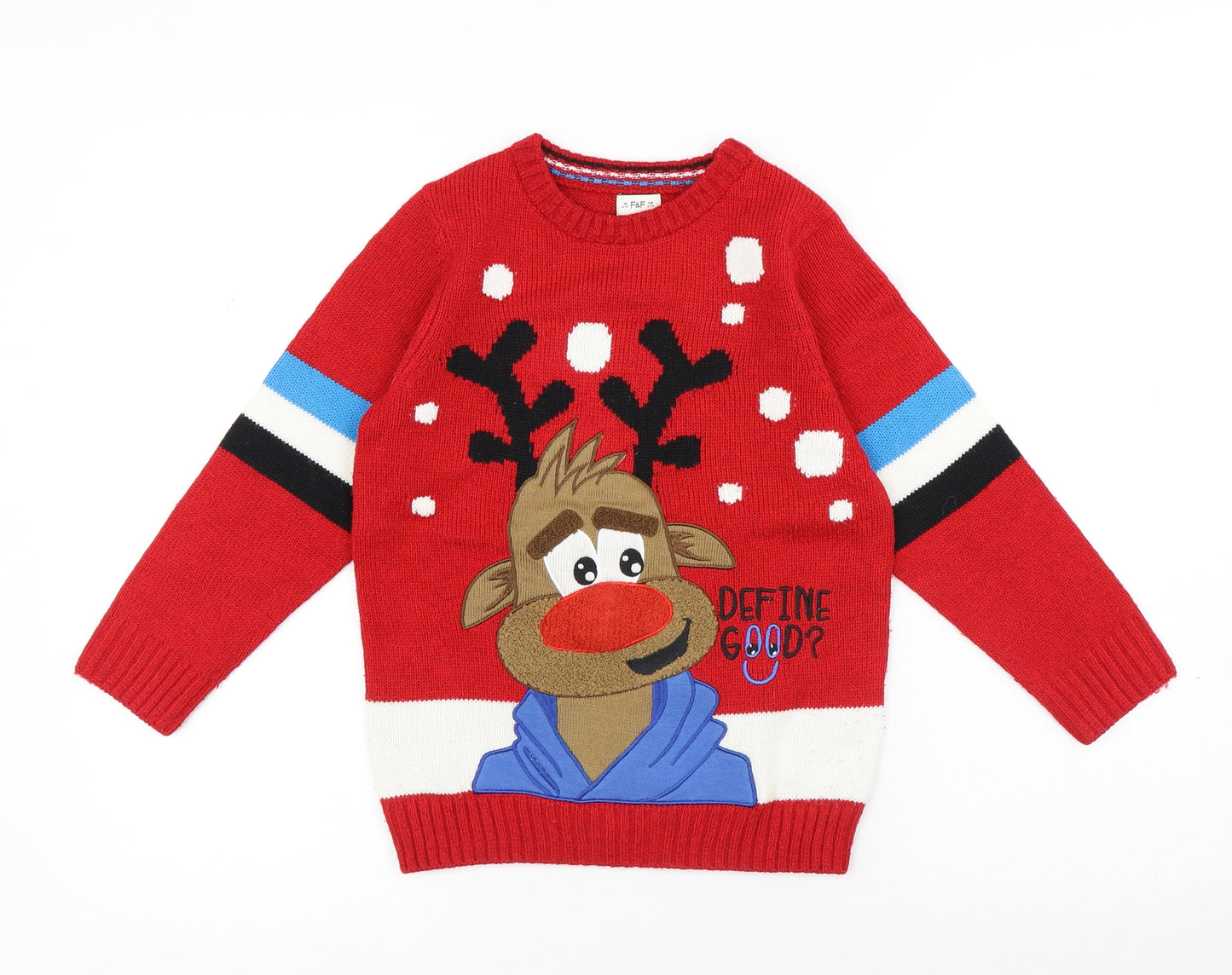 F&F Boys Red Round Neck Acrylic Pullover Jumper Size 6-7 Years Pullover - Santa Christmas