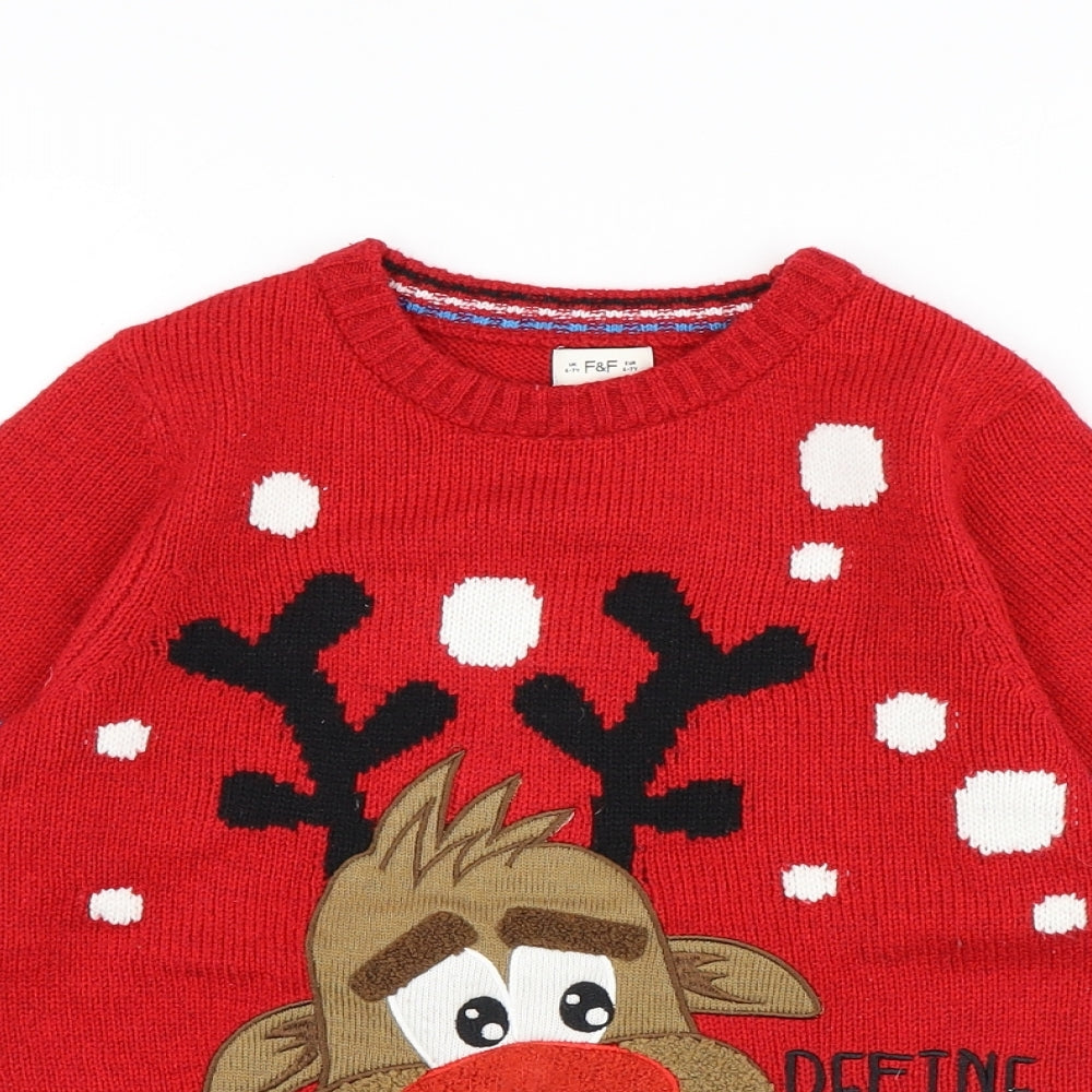 F&F Boys Red Round Neck Acrylic Pullover Jumper Size 6-7 Years Pullover - Santa Christmas