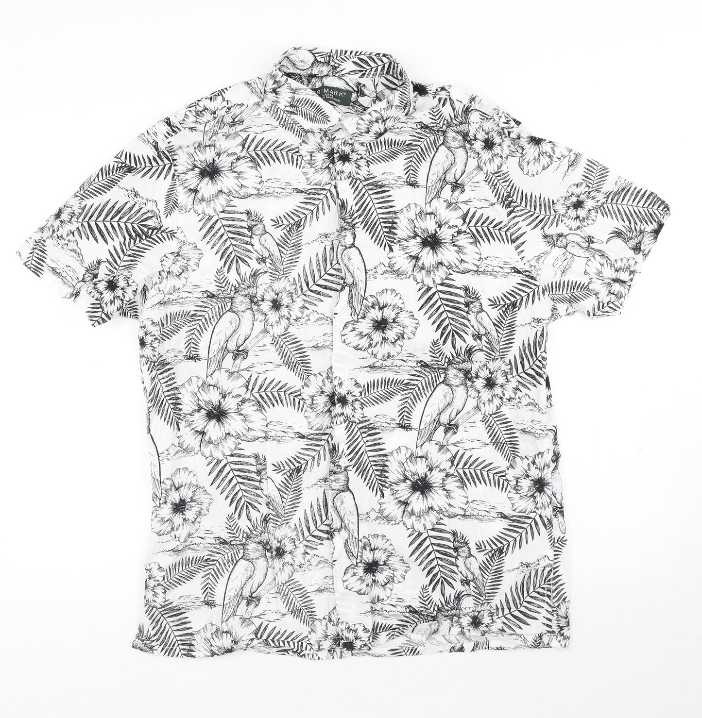 Primark Mens White Floral Cotton Button-Up Size L Collared Button - Flowers Parrot