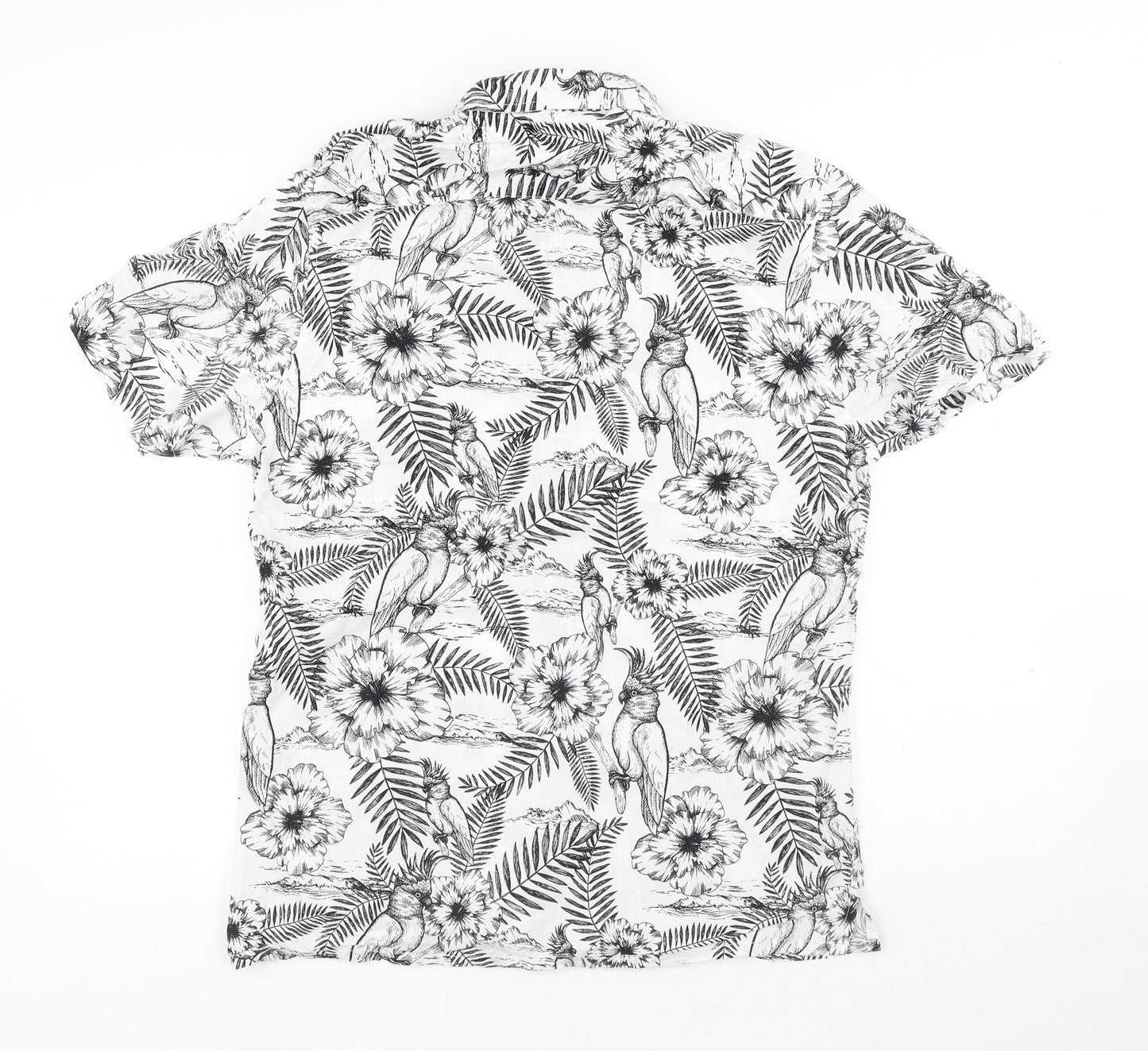 Primark Mens White Floral Cotton Button-Up Size L Collared Button - Flowers Parrot