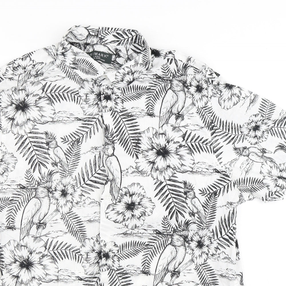 Primark Mens White Floral Cotton Button-Up Size L Collared Button - Flowers Parrot