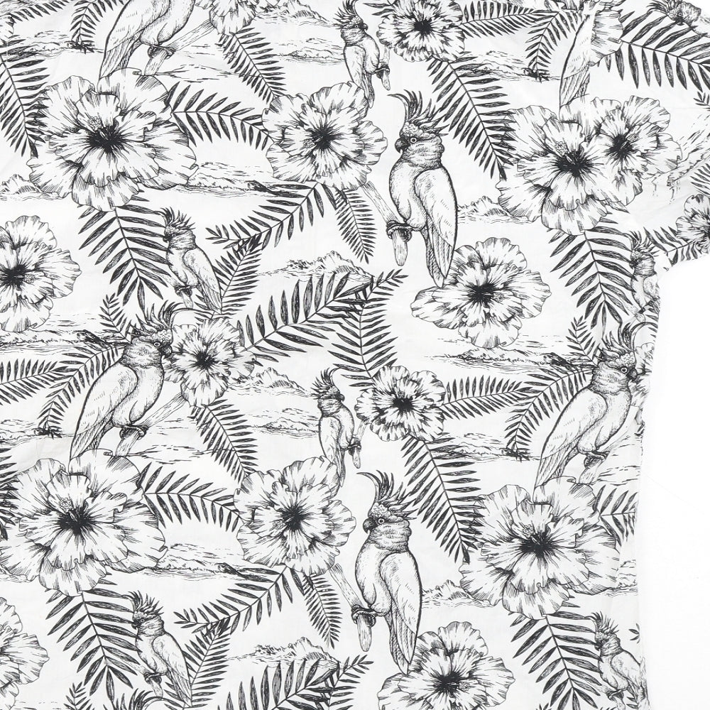 Primark Mens White Floral Cotton Button-Up Size L Collared Button - Flowers Parrot