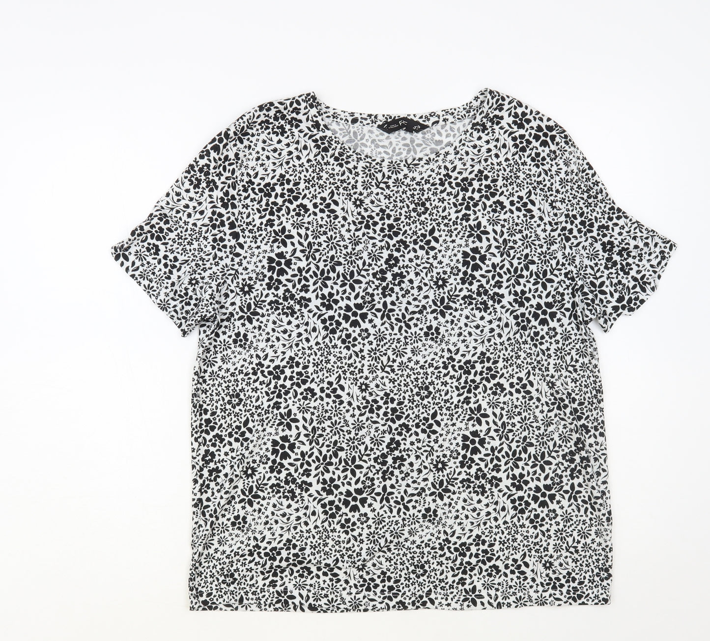 F&F Womens White Floral Polyester Basic T-Shirt Size 14 Crew Neck