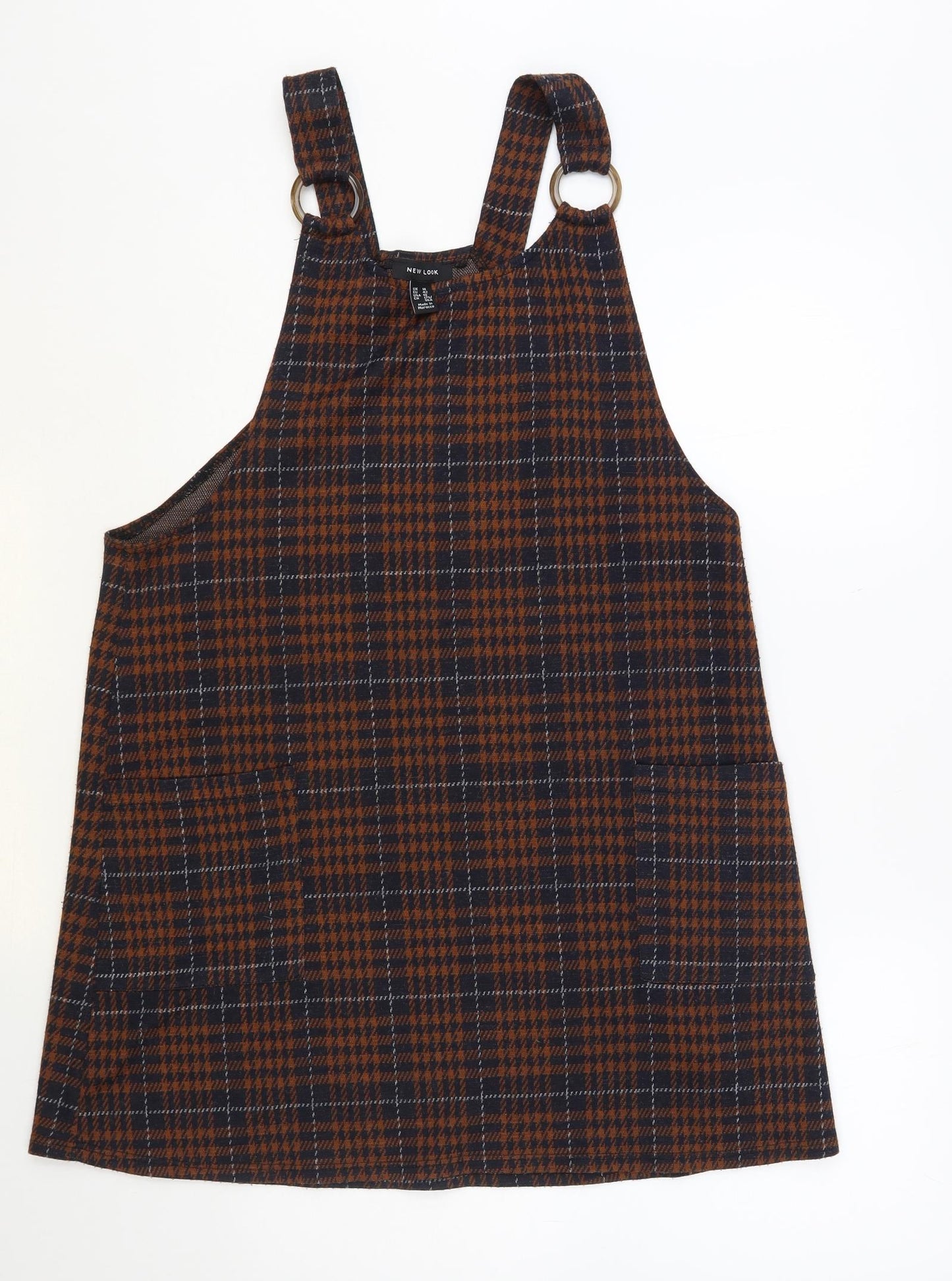 New Look Womens Brown Plaid Acrylic Pinafore/Dungaree Dress Size 14 Scoop Neck Pullover