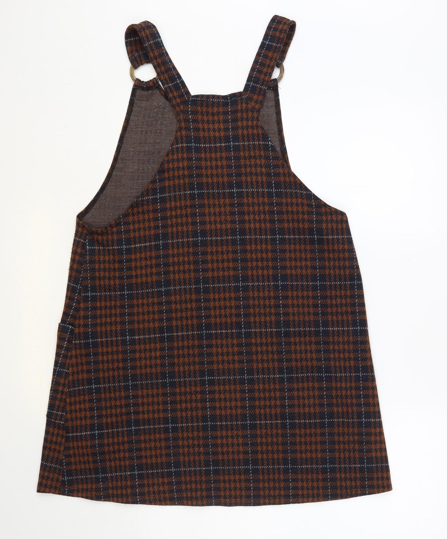 New Look Womens Brown Plaid Acrylic Pinafore/Dungaree Dress Size 14 Scoop Neck Pullover