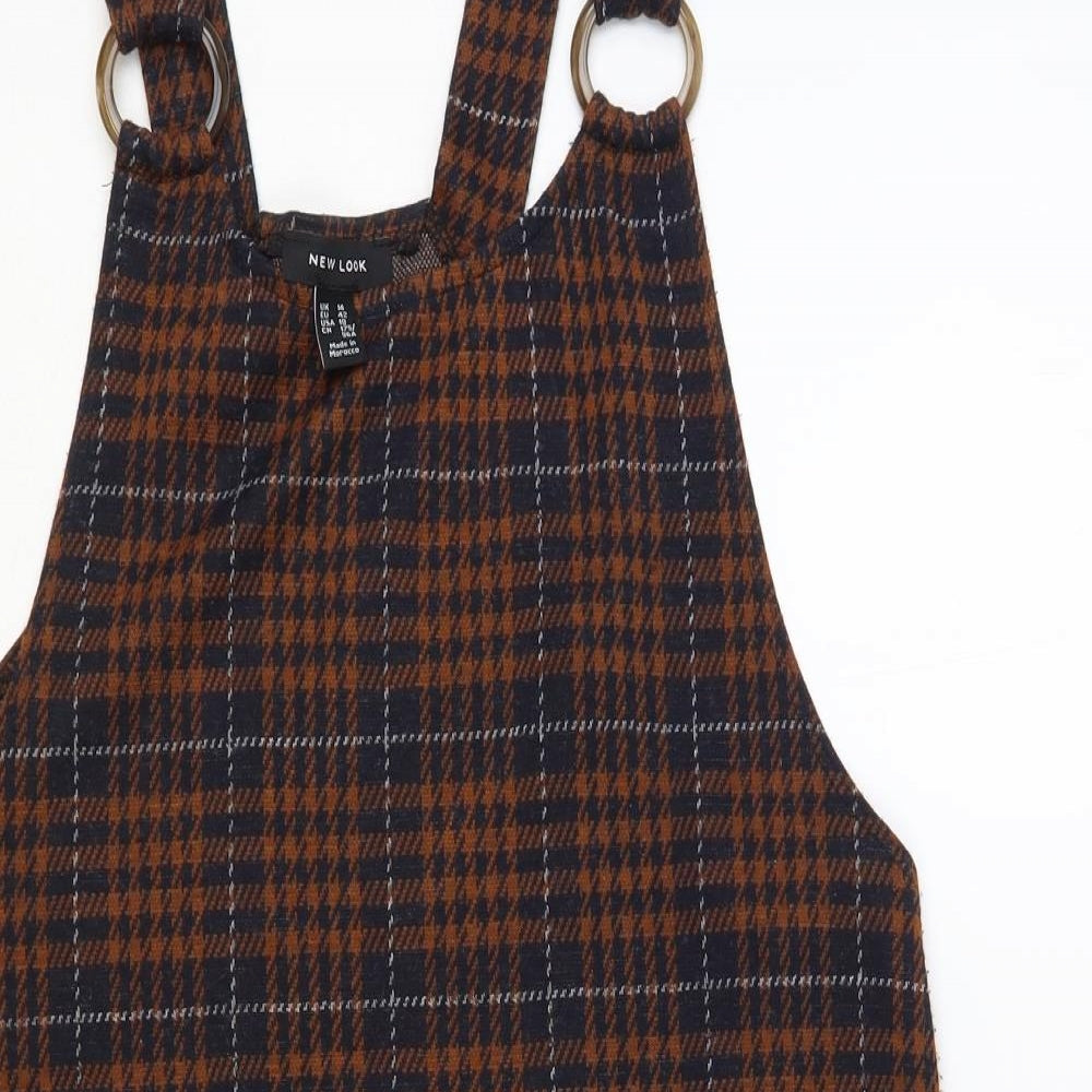 New Look Womens Brown Plaid Acrylic Pinafore/Dungaree Dress Size 14 Scoop Neck Pullover