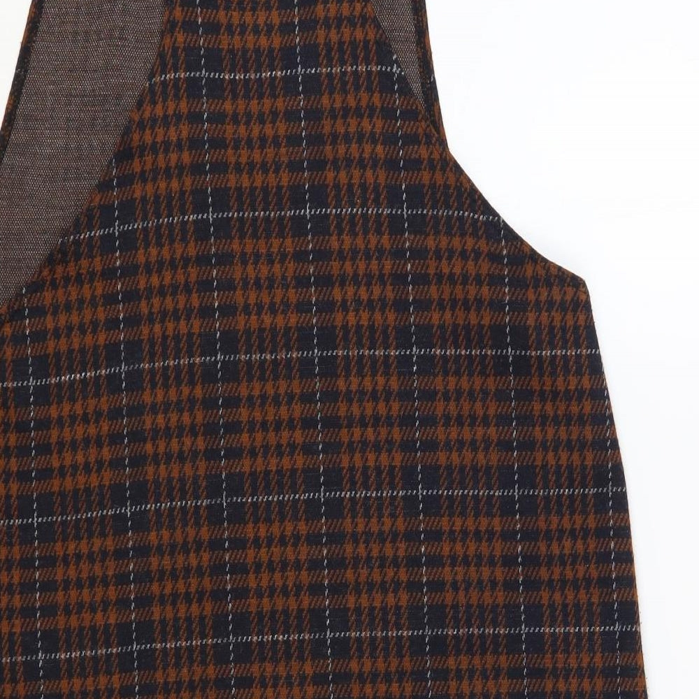 New Look Womens Brown Plaid Acrylic Pinafore/Dungaree Dress Size 14 Scoop Neck Pullover