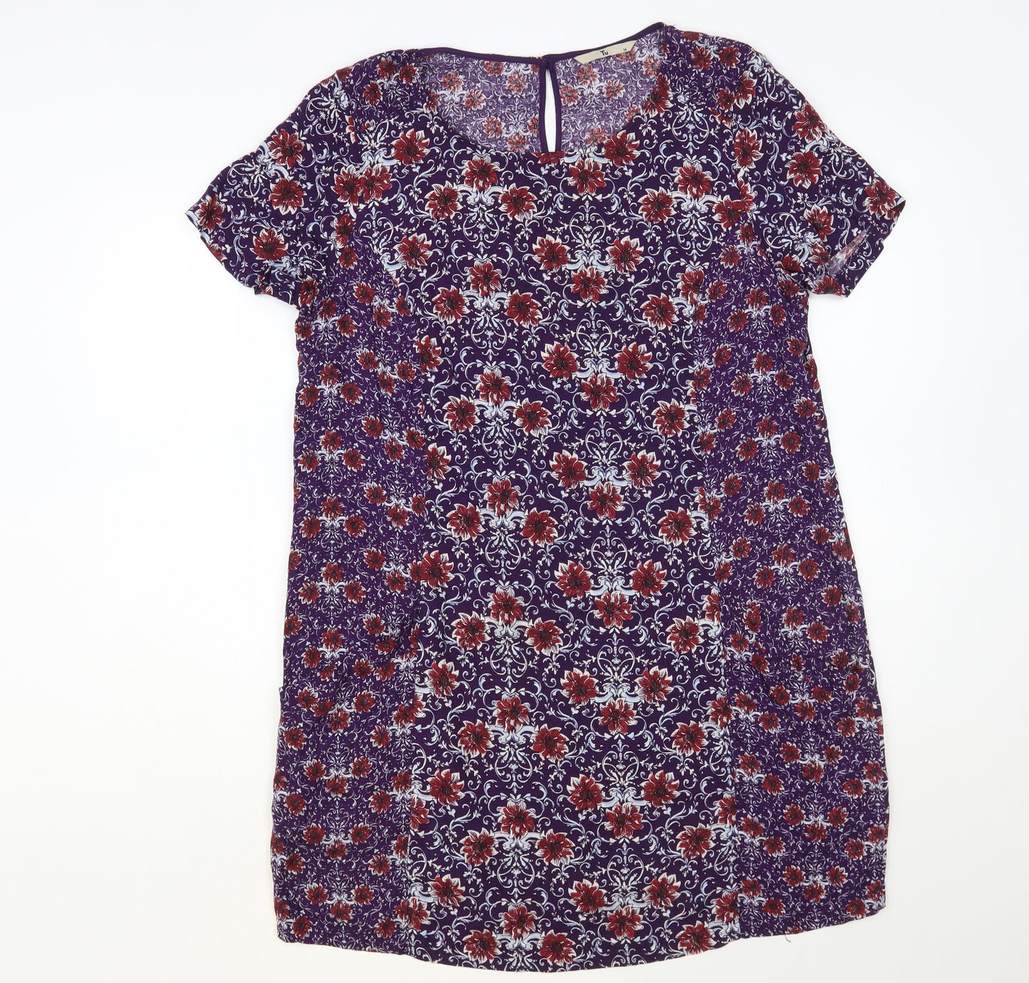TU Womens Purple Floral Viscose Shift Size 14 Round Neck Button