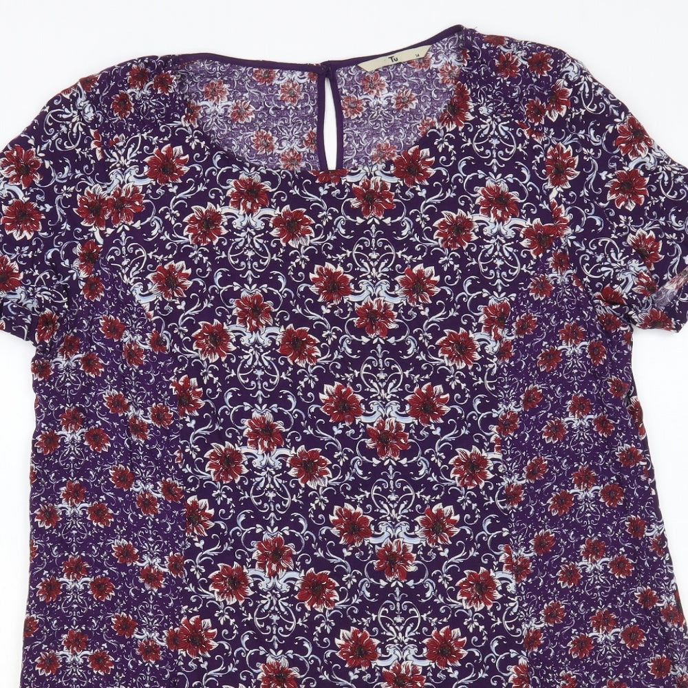 TU Womens Purple Floral Viscose Shift Size 14 Round Neck Button