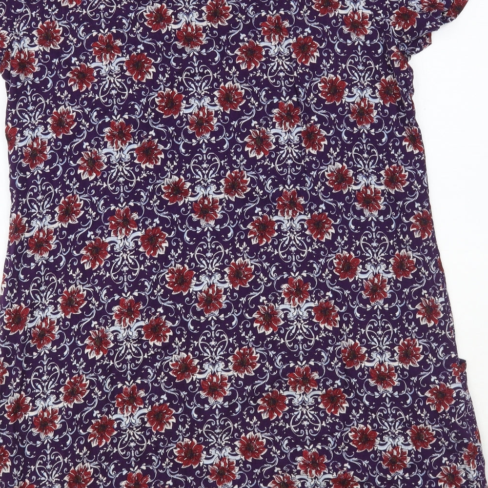TU Womens Purple Floral Viscose Shift Size 14 Round Neck Button