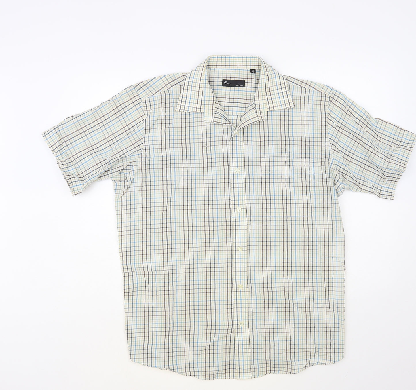 BHS Mens Multicoloured Check Polyester Button-Up Size 16 Collared Button