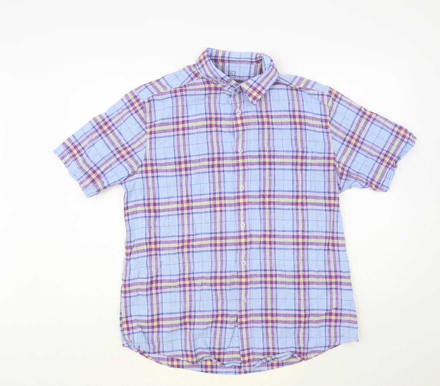 TU Mens Blue Plaid Linen Button-Up Size L Collared Button