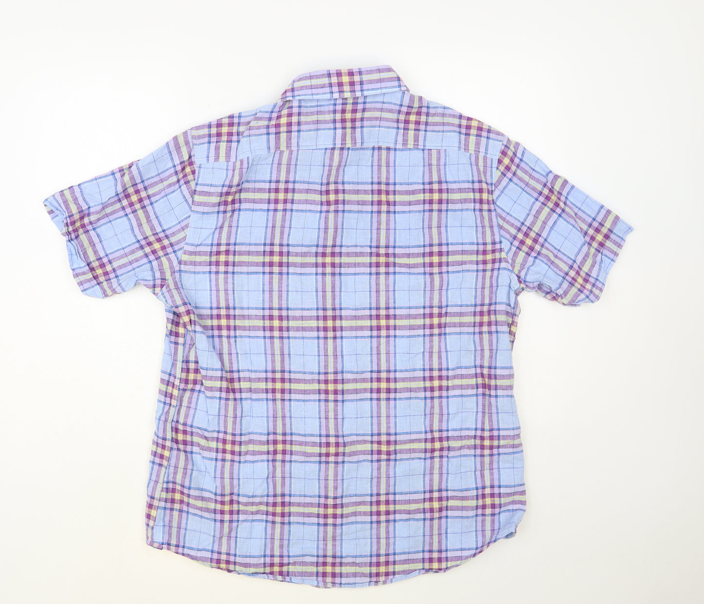 TU Mens Blue Plaid Linen Button-Up Size L Collared Button