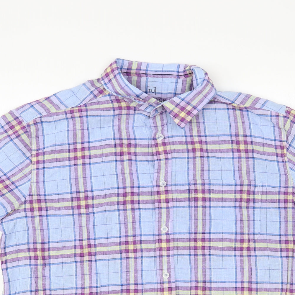 TU Mens Blue Plaid Linen Button-Up Size L Collared Button
