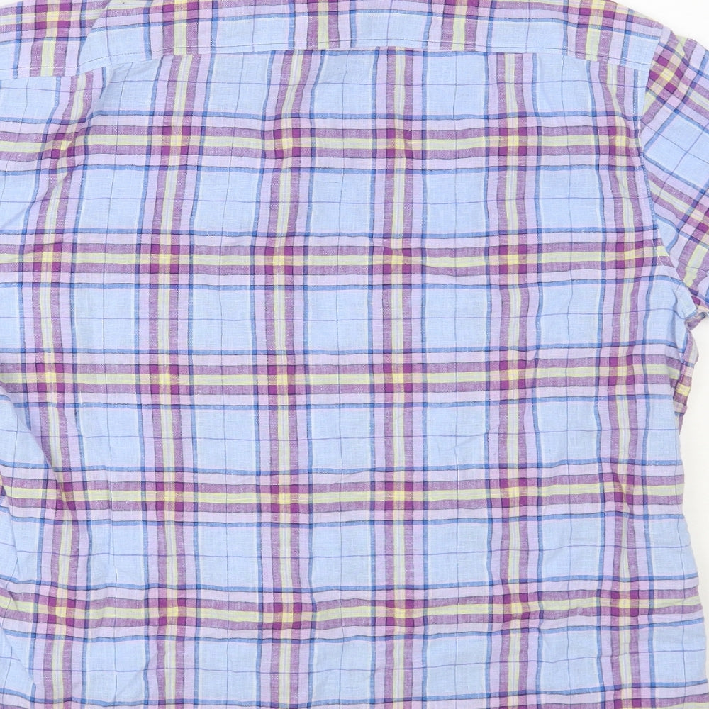 TU Mens Blue Plaid Linen Button-Up Size L Collared Button
