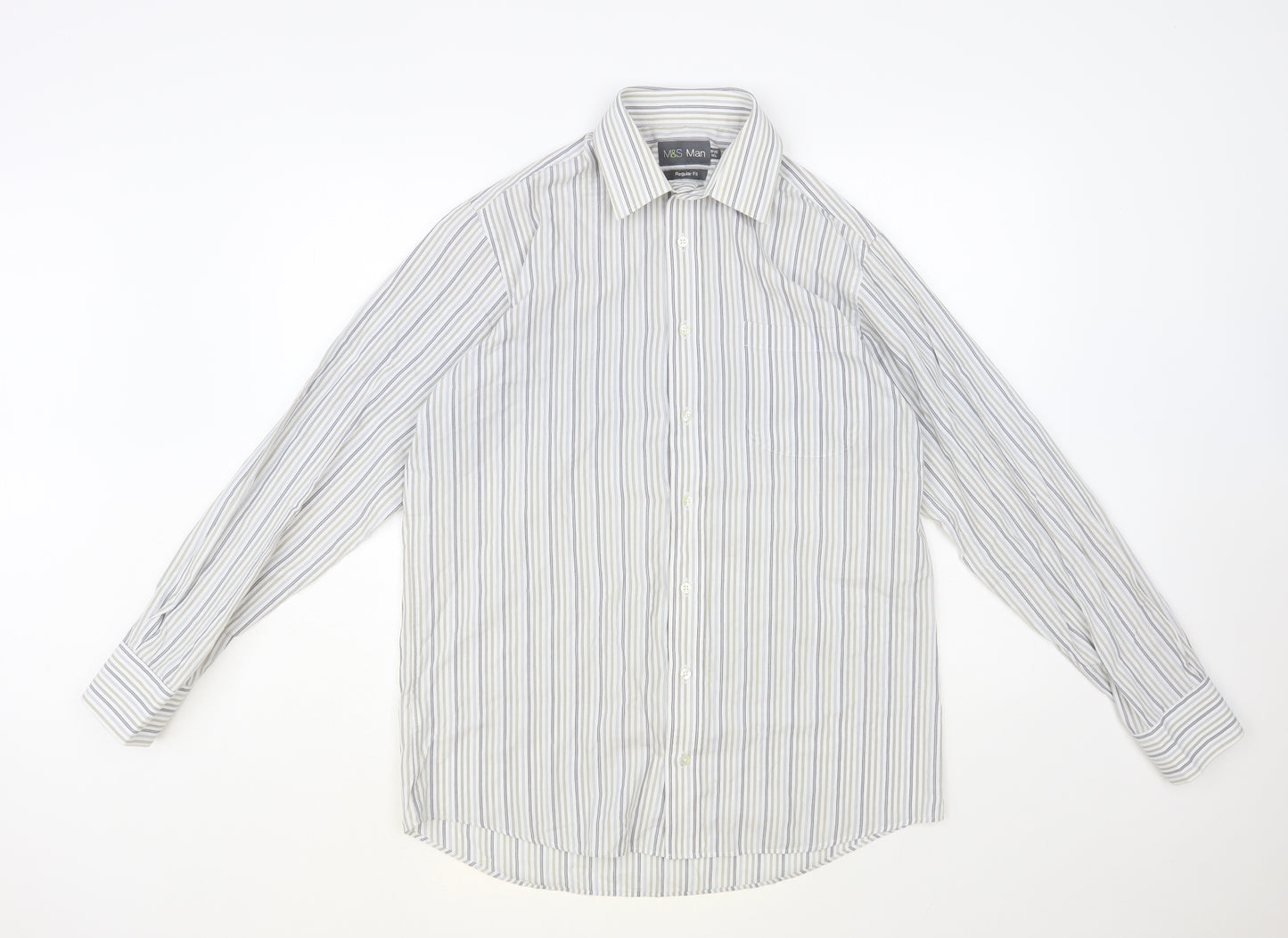 Marks and Spencer Mens White Striped Cotton Dress Shirt Size 15.5 Collared Button