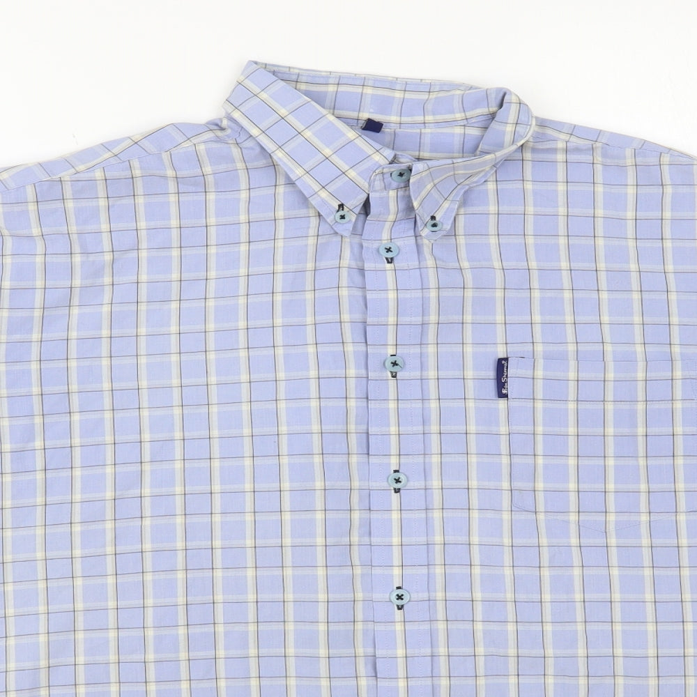 Ben Sherman Mens Blue Plaid Cotton Button-Up Size L Collared Button