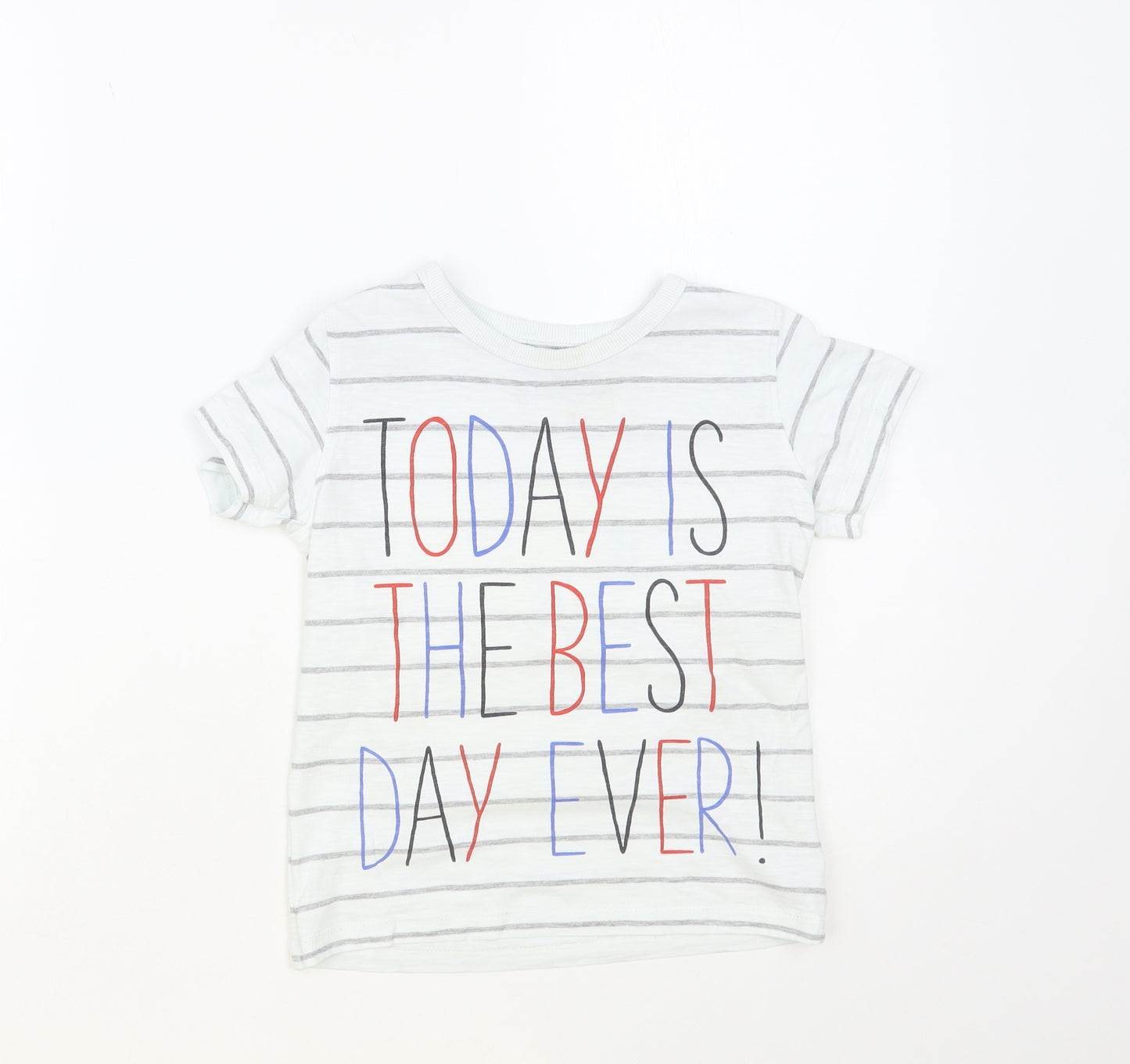 NEXT Boys White Striped Cotton Pullover T-Shirt Size 5-6 Years Crew Neck Pullover - Best Day Ever