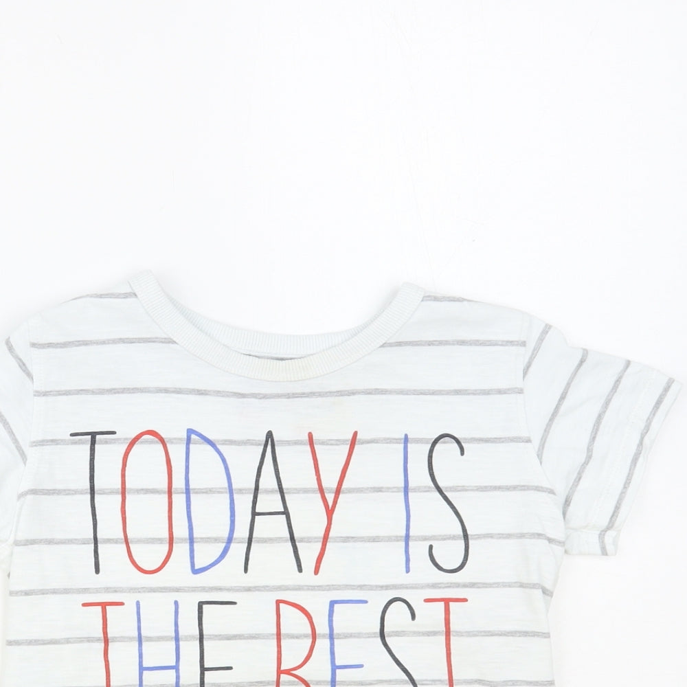 NEXT Boys White Striped Cotton Pullover T-Shirt Size 5-6 Years Crew Neck Pullover - Best Day Ever